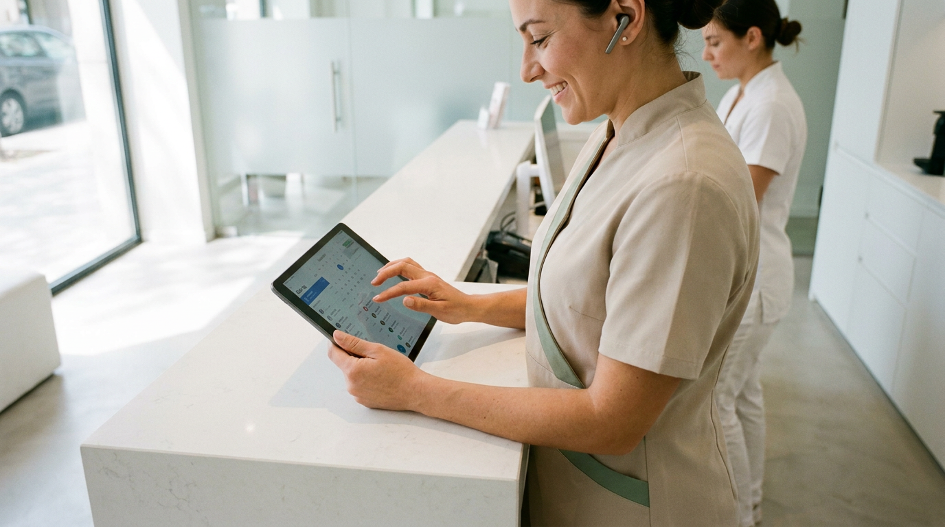 Eine Mitarbeiterin bedient am Empfang ein Tablet für das digitale Praxismanagement Ästhetik