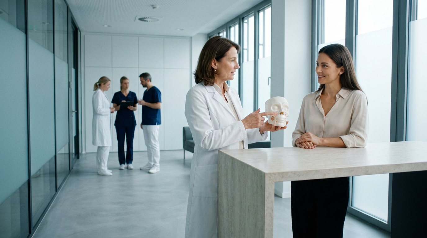 Ärztin erklärt einer Patientin am Schädelmodell die Gesichtsanatomie in einer Praxis für Ästhetische Dermatologie