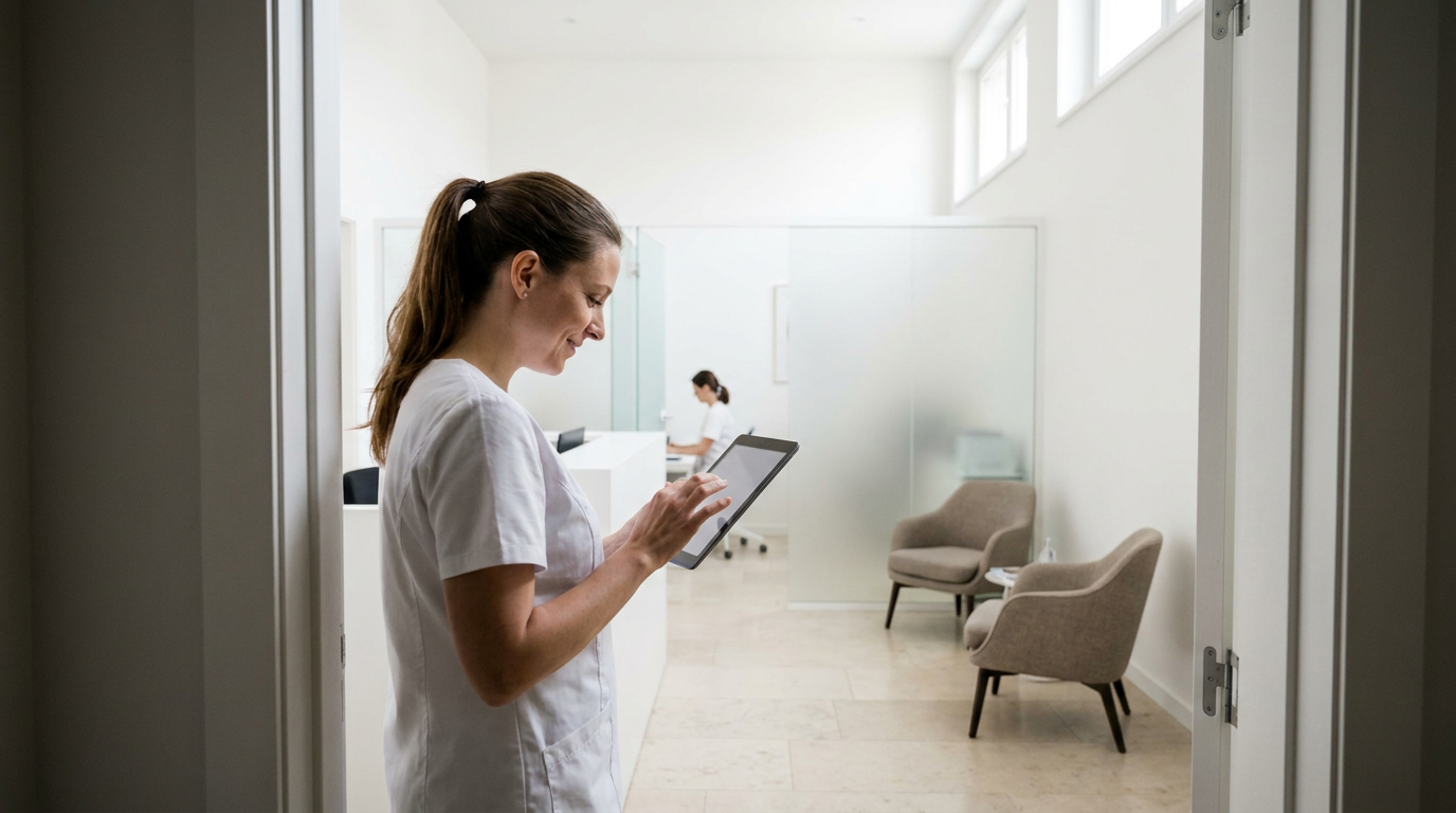 Eine Angestellte nutzt in einer modernen Praxis ein Tablet für gezielte Patientenbindung