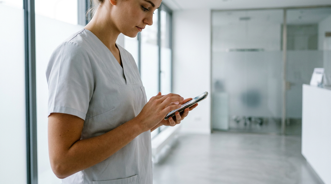 Medizinische Fachangestellte nutzt ein Smartphone in einer modernen Klinik zur Digitalisierung Arztpraxis