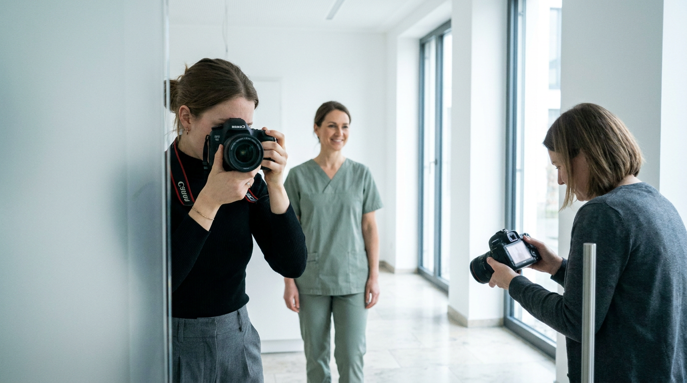 Fotografinnen fotografieren eine Ärztin in einer Praxis im Rahmen von modernem Praxismarketing