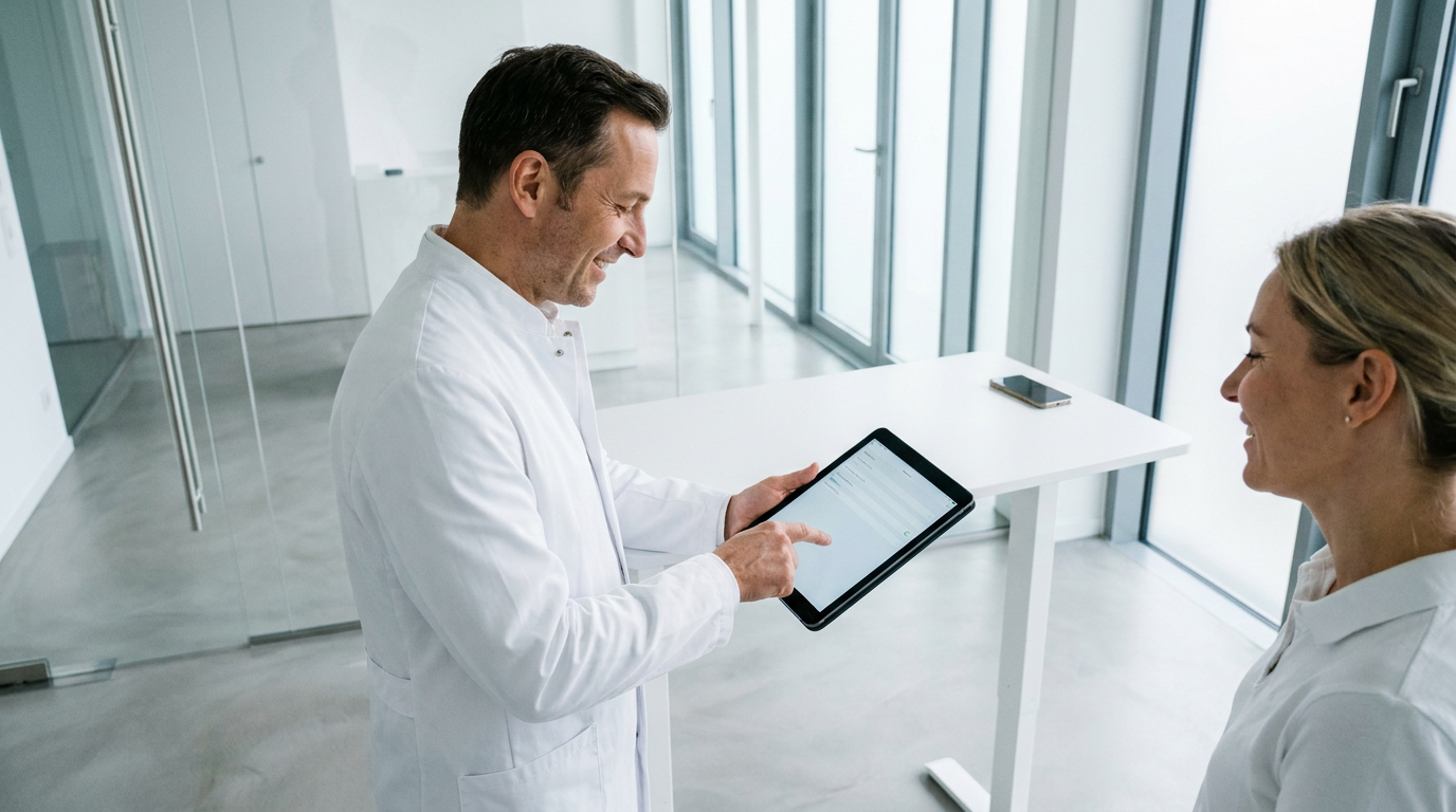 Arzt zeigt Kollegin auf einem Tablet die Anwendung von KI in der Arztpraxis