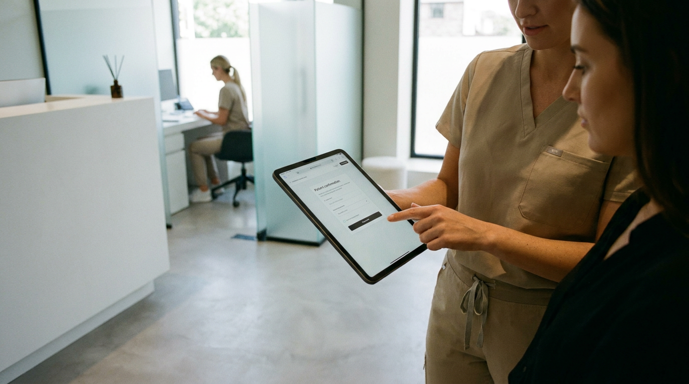 Eine Praxisangestellte zeigt einer Patientin ein digitales Anmeldeformular auf einem Tablet zwecks Patientenqualifizierung