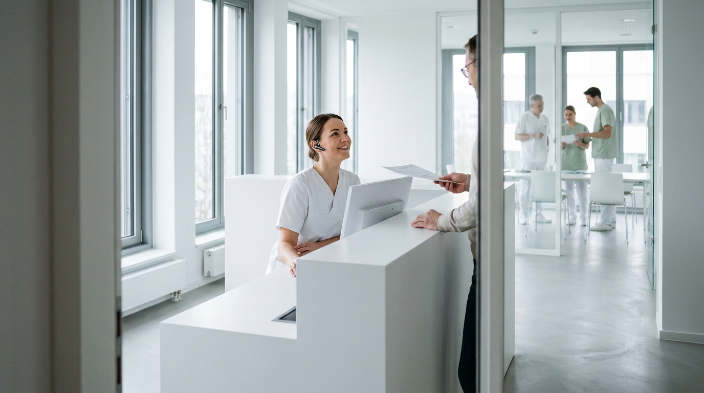 Eine lächelnde Mitarbeiterin mit Headset am Empfang einer Arztpraxis berät einen Patienten zur MFA Entlastung