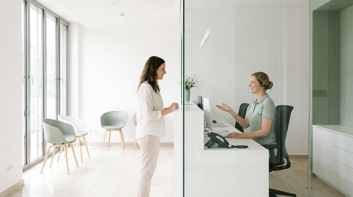Patientin am Empfang einer modernen Praxis im Gespräch mit einer Mitarbeiterin zur Praxisorganisation