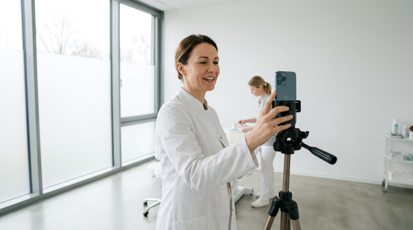 Ärztin richtet in ihrer Praxis ein Smartphone auf einem Stativ für Instagram für Ärzte aus