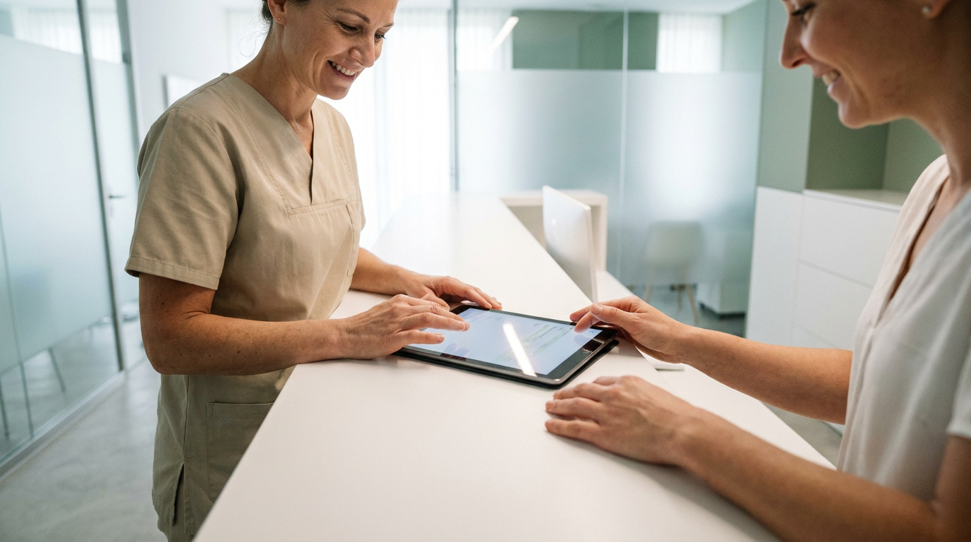 Zwei Mitarbeiterinnen am Empfang besprechen digitale Anfragen zur Patientengewinnung Selbstzahler auf einem Tablet
