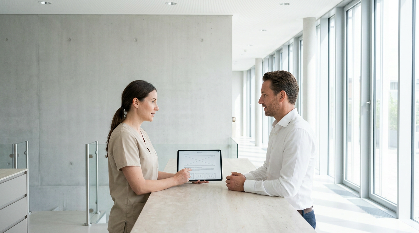 Zwei Personen besprechen am Empfang ein Layout auf einem Tablet zum Website-Design ästhetische Medizin