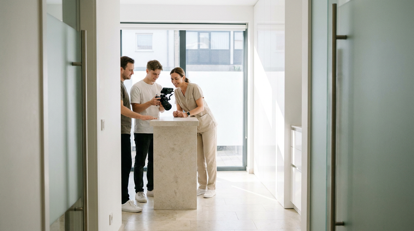 Ärztin begutachtet mit einem Kamerateam Videoaufnahmen in der Klinik für modernes Praxismarketing