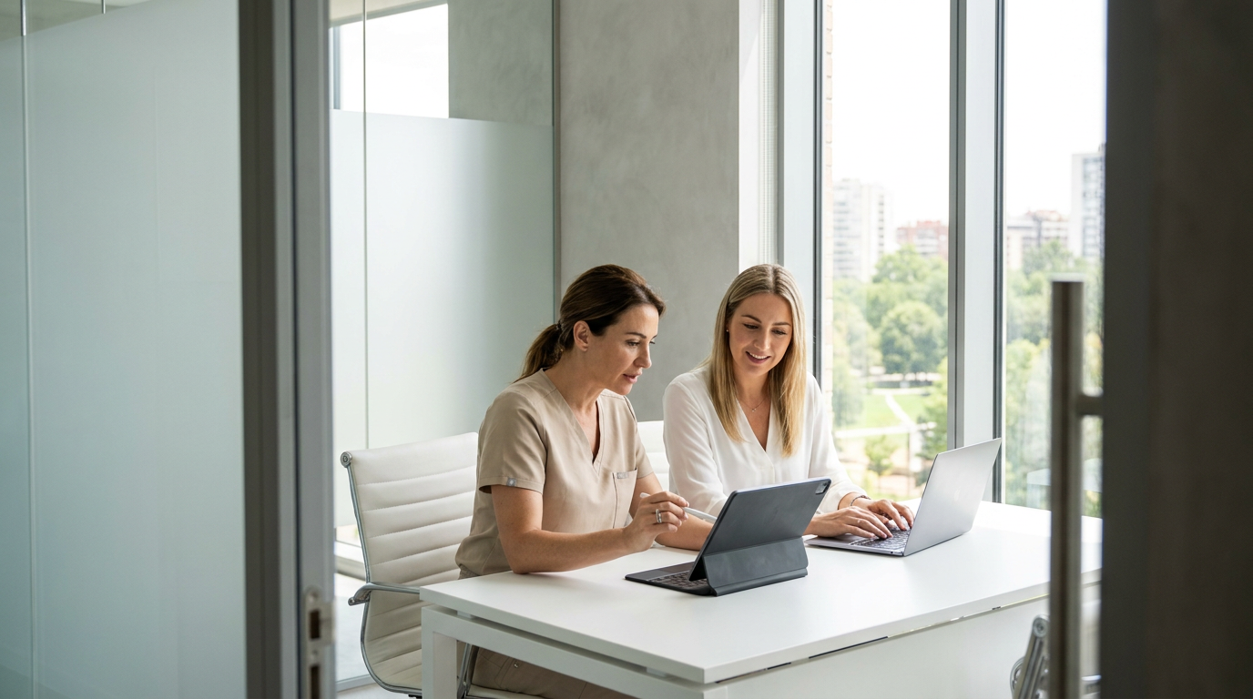 Ärztin und Beraterin besprechen am Laptop und Tablet das Praxismarketing ästhetische Medizin im Büro