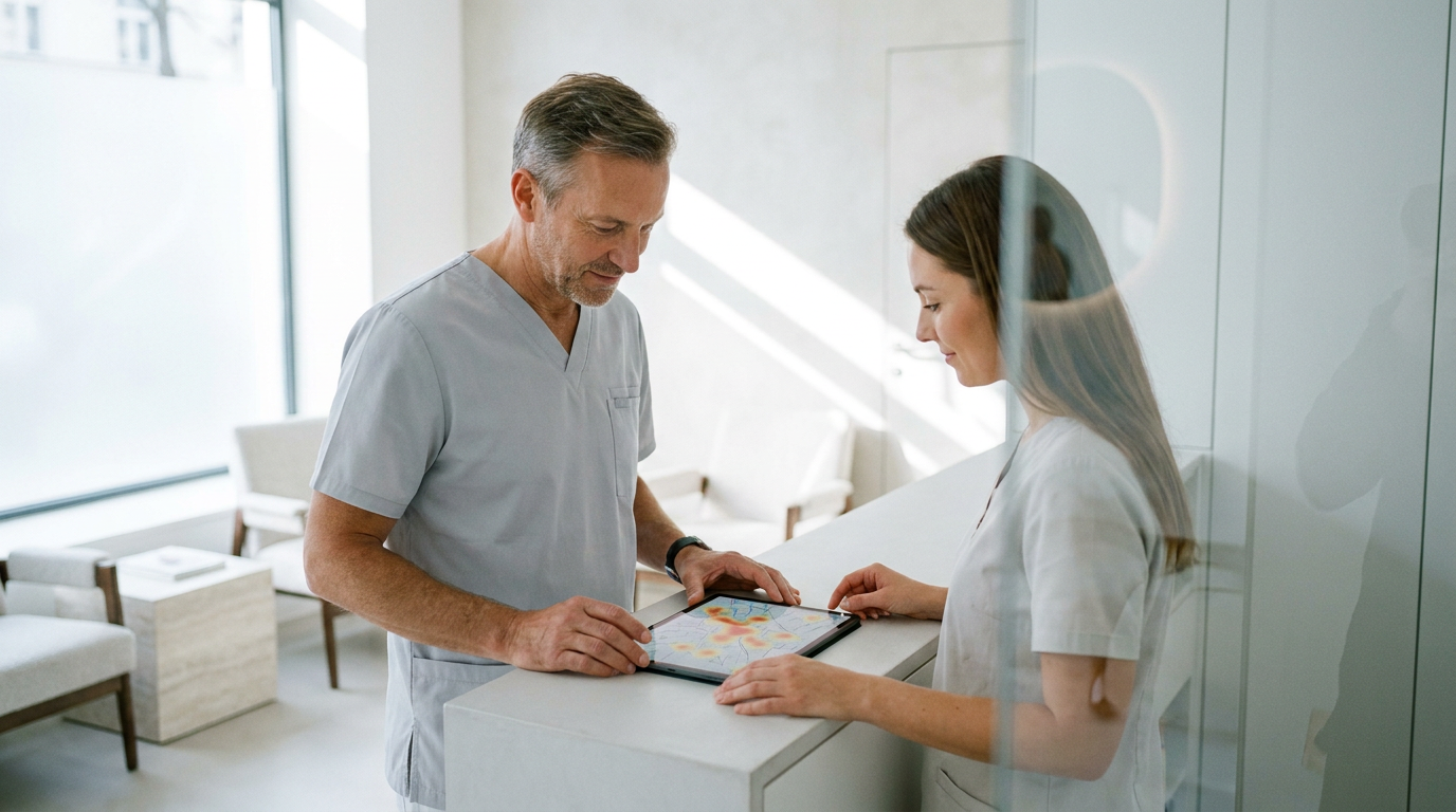 Arzt und Mitarbeiterin analysieren eine digitale Standortkarte auf einem Tablet für erfolgreiches Praxismarketing