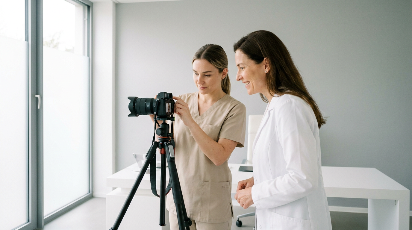 Ärztin und Assistentin prüfen Kameraaufnahmen für das Praxismarketing in einer ästhetischen Fachpraxis