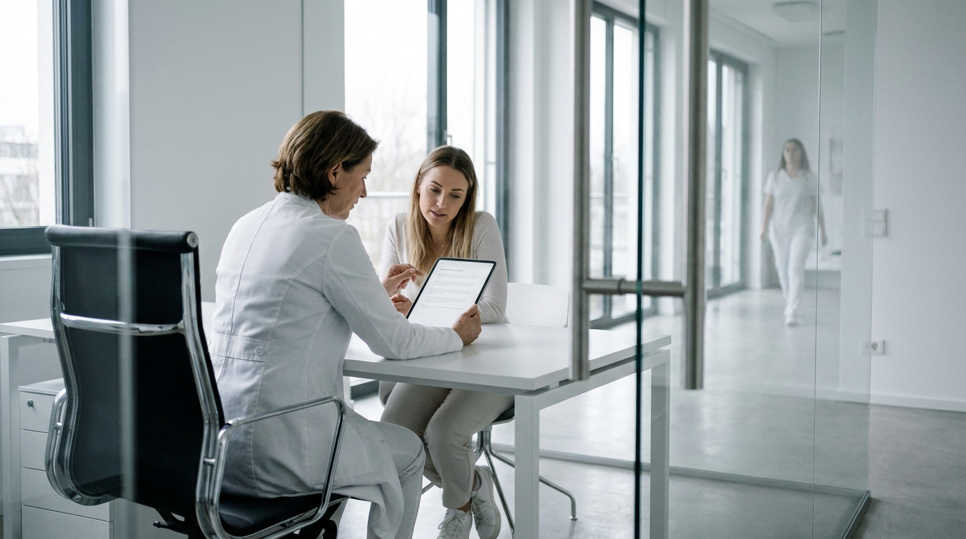 Ärztin berät eine Patientin mithilfe eines Tablets im modernen Sprechzimmer zum Thema Praxisdigitalisierung