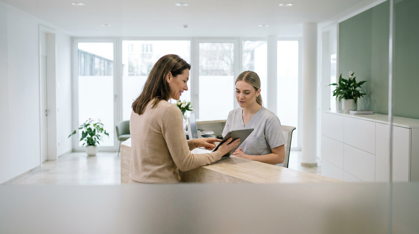 Patientin und Mitarbeiterin betrachten am Empfang einer Praxis für Ästhetische Medizin Informationen auf einem Tablet