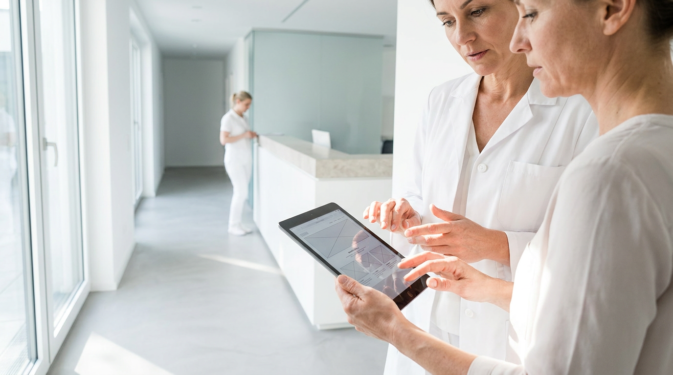 Zwei Ärztinnen besprechen in der Praxis eine digitale Strategie für das Praxismarketing Ästhetische Medizin