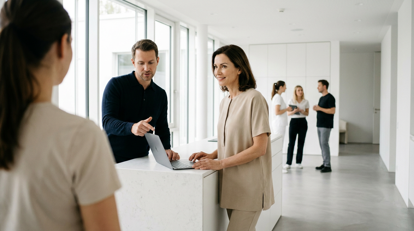 Zwei Personen besprechen am Empfangstresen einer Klinik digitale Maßnahmen für das Praxismarketing