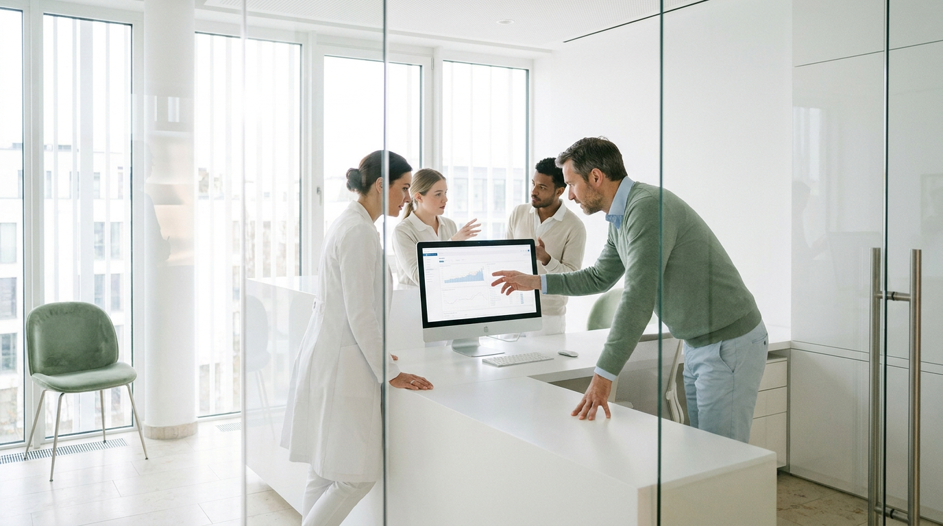 Praxisteam analysiert am Bildschirm Daten zur KI Suchmaschinenoptimierung in einer modernen Praxisumgebung