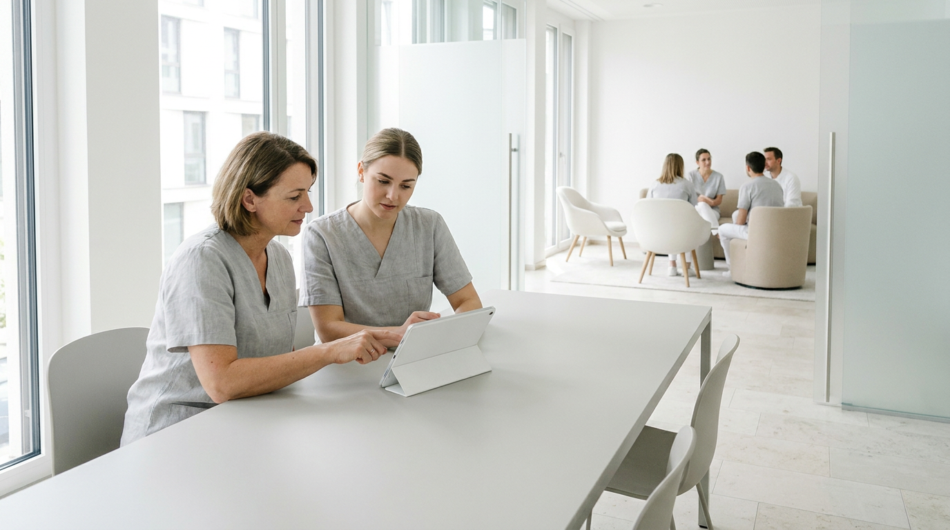Zwei Mitarbeiterinnen besprechen digitale Praxisprozesse am Tablet beim MFA Onboarding in einer hellen Praxis