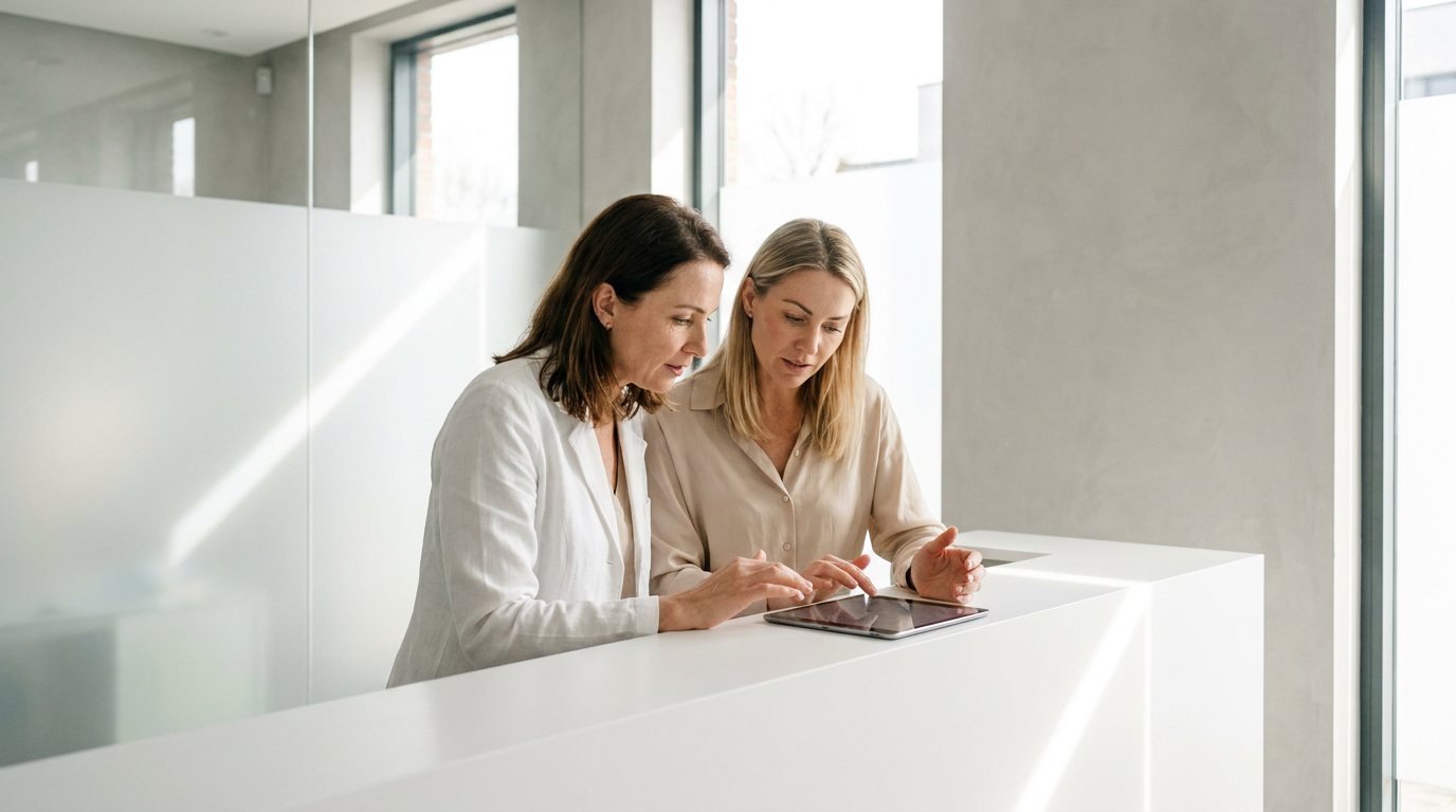 Zwei Frauen besprechen am Empfangstresen einer Praxis digitale Strategien für das Praxismarketing auf einem Tablet