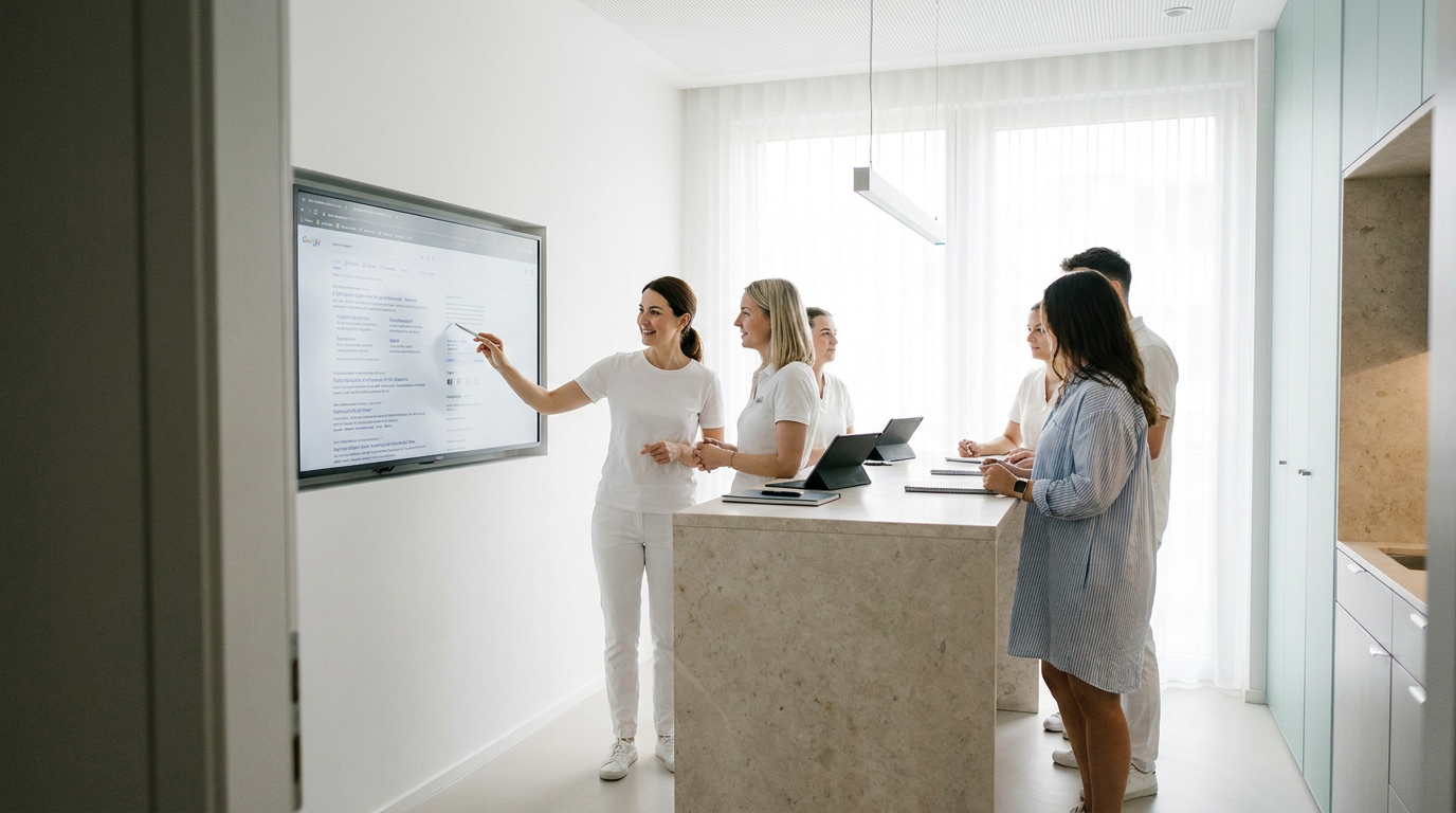 Praxisteam analysiert digitale Suchergebnisse an einem großen Bildschirm für modernes Praxismarketing