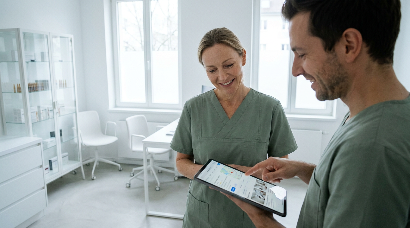 Zwei Mediziner in einer Praxis betrachten Suchergebnisse auf einem Tablet für Praxismarketing Dermatologie