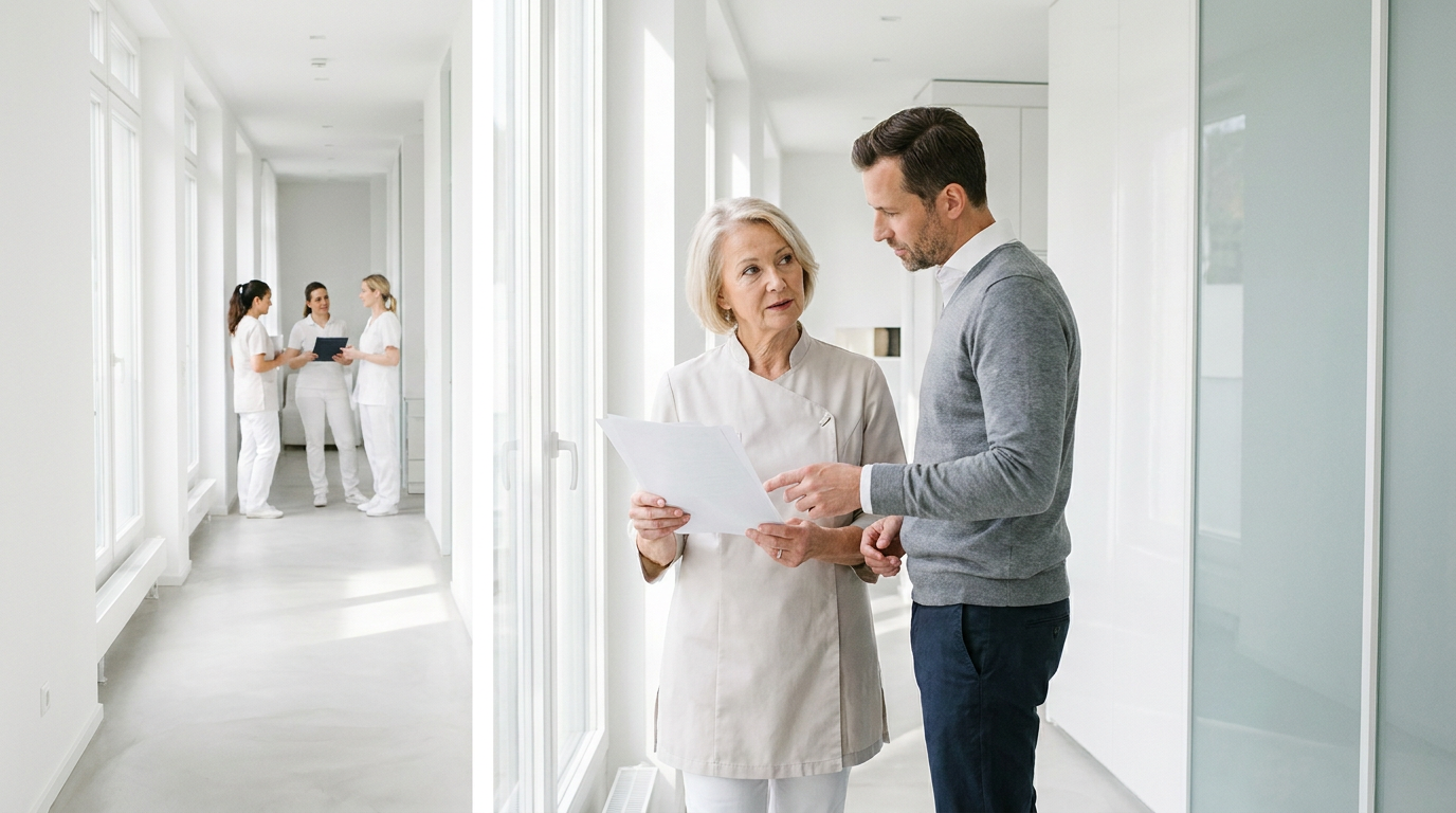 Zwei Personen besprechen Dokumente in einer modernen Klinik für Ästhetische Medizin