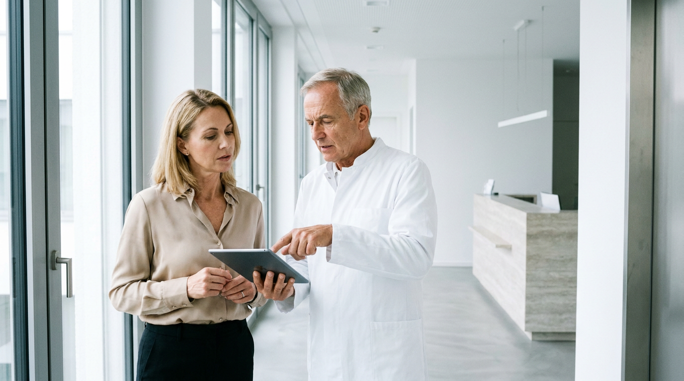 Arzt und Beraterin besprechen Online-Kampagnen auf einem Tablet in einer Klinik für Ästhetische Medizin