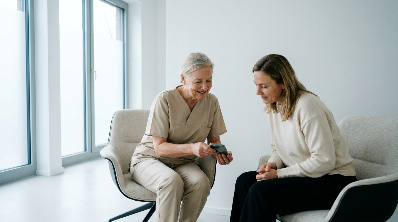 Ärztin zeigt einer Patientin auf dem Smartphone digitale Lösungen für zeitgemäßes Praxismarketing ChatGPT