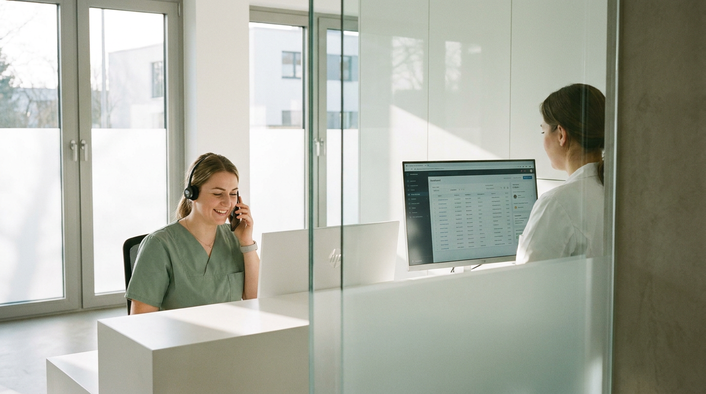 Mitarbeiterinnen am Empfang einer Arztpraxis beim Telefonieren mit Headset und Bearbeiten von Daten am Bildschirm