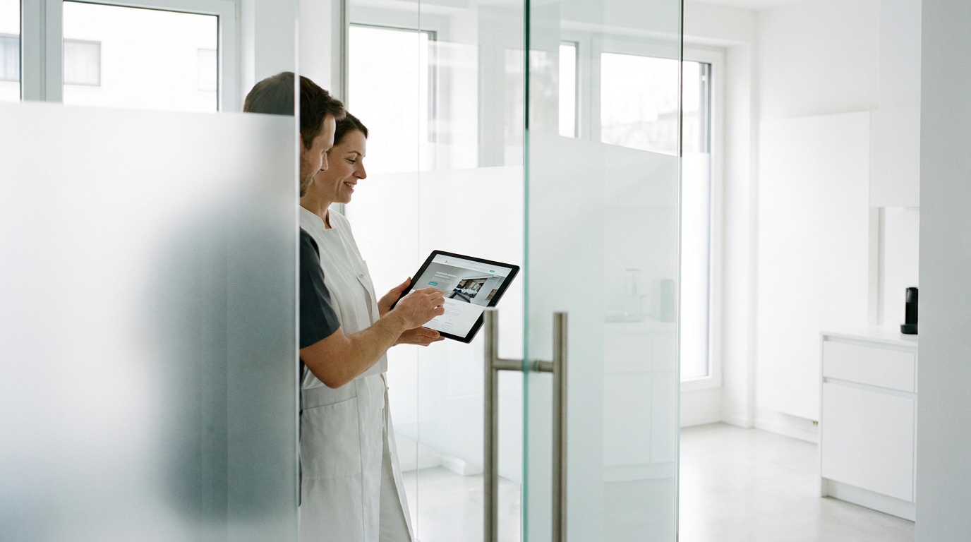 Zwei Ärzte betrachten in einer modernen Klinik eine Praxis-Website ästhetische Medizin auf dem Tablet