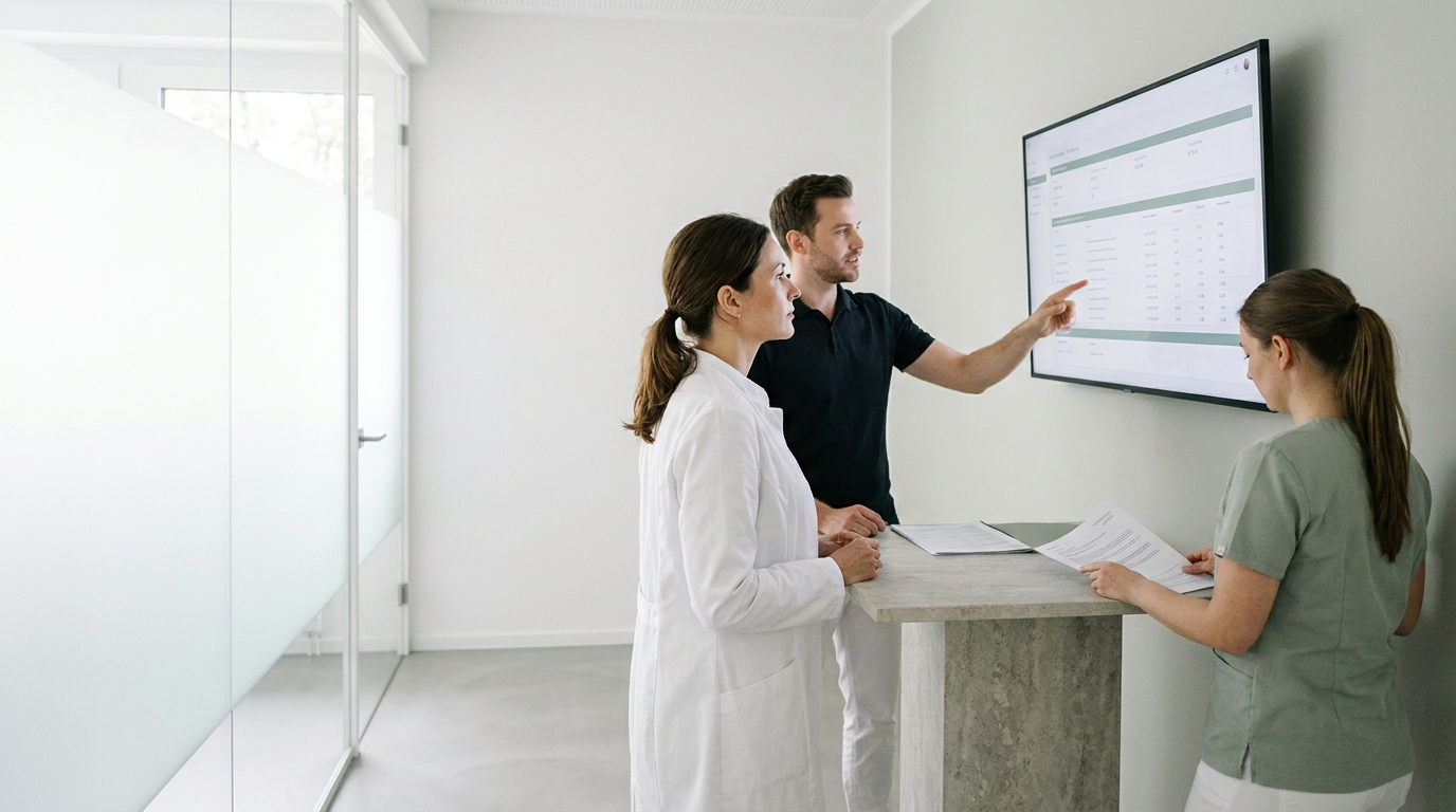 Team analysiert Daten am Bildschirm für erfolgreiches Praxismarketing Ästhetische Medizin in der Praxis