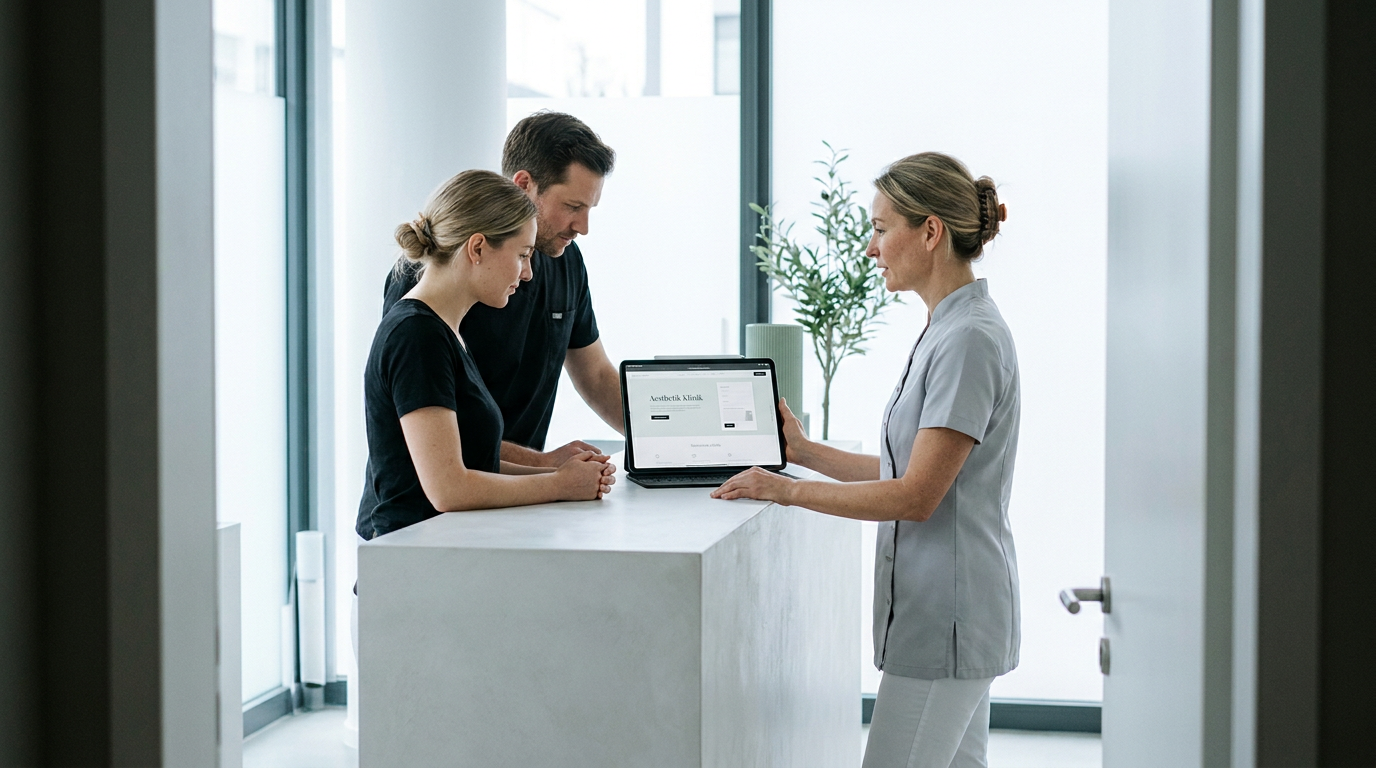 Drei Personen betrachten an einer Rezeption die Schönheitsklinik Website auf einem Tablet-Bildschirm
