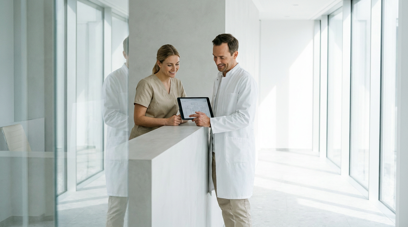 Arzt und Assistentin besprechen am Praxisempfang ein Diagramm auf dem Tablet zur digitalen Patientengewinnung